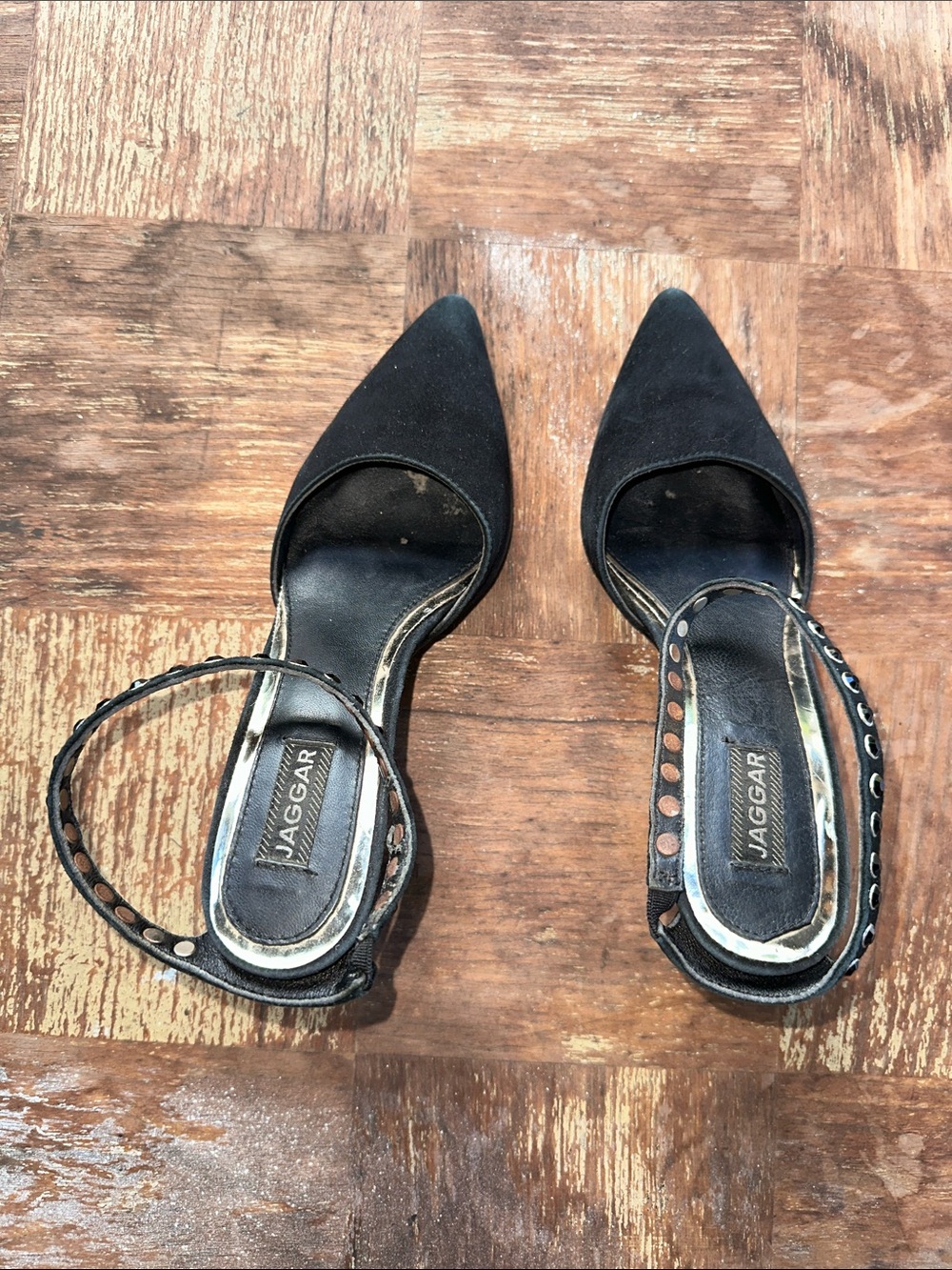 Jaggar Vintage Black Pointed-Toe Ankle-Strap Heels Stud Detail Mobwife Style